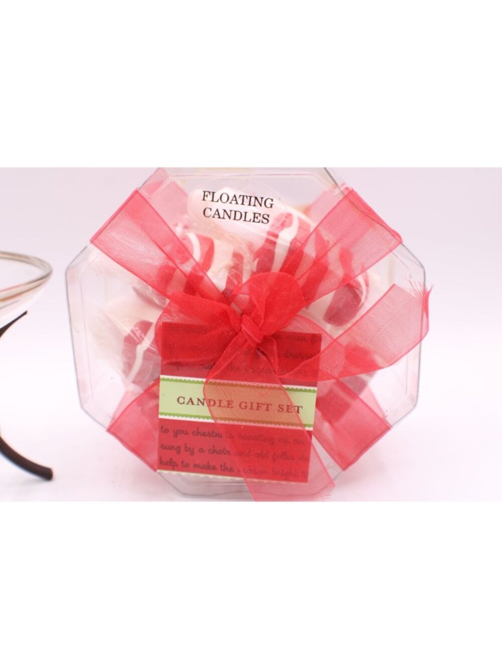 Floating Candle Gift Set Candy Cane Design With Glass Bowl Metal Stand NWOB Vtg - Picture 2 of 10
